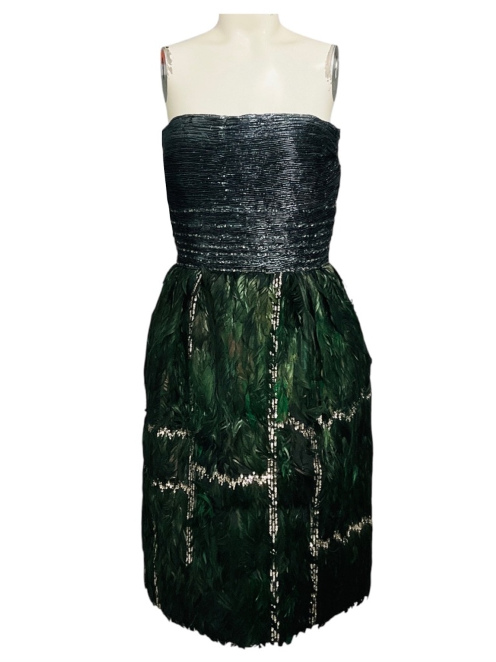 OSCAR DE LA RENTA BLUE / GREEN / SILVER METALLIC SEQUINED STRAPLESS COCKTAIL DRE